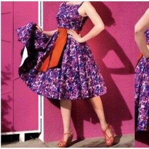 Pinup Couture Clothing Maria Dress Purple/Red XL Fit & Flare Floral Sleeveless